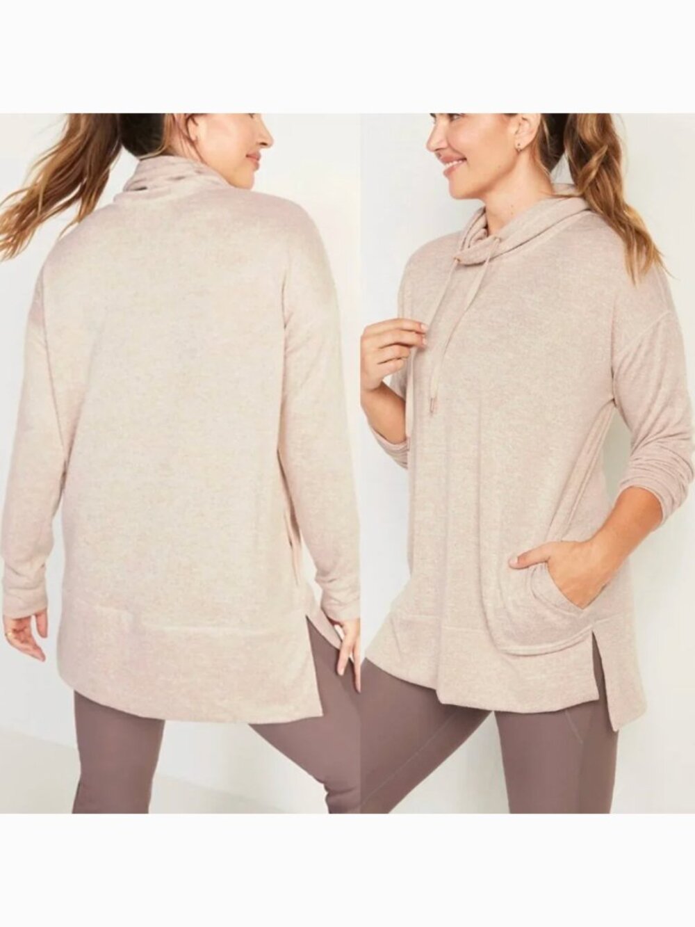 OLD NAVY Cowl Neck Mélange Tunic Sweater Beige Tan Pullover Hoodie Sweatshirt S